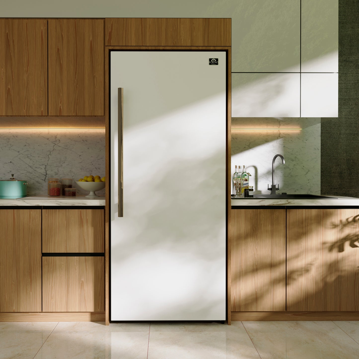 Forno Maderno 28-Inch Convertible Freezer/Refrigerator in White with Antique Brass Handle, 13.6 cu.ft. Right Swing