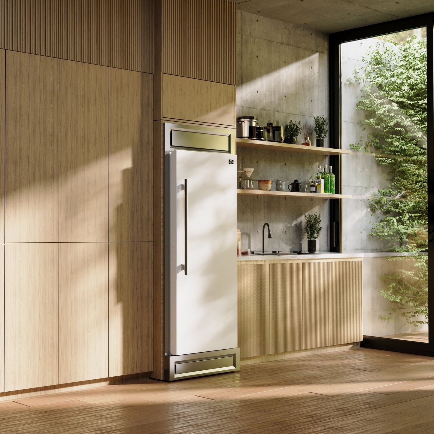 Forno Maderno 28-Inch Built-In Convertible Refrigerator in White with Antique Brass Handle, 13.6 cu.ft. Right Swing with Decorative Grill - 32-Inch Wide