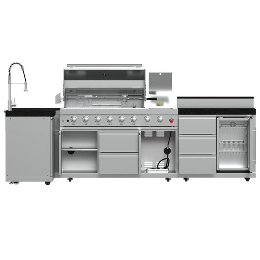 FORNO Bulnes 40-Inch BBQ, 95,000 BTU, 5 Burners, Sear & Rotisserie Infrared with Side Burner, Stainless Steel Outdoor Kitchen with 1.8 cu.ft. Beverage Center & Black Granite Countertops