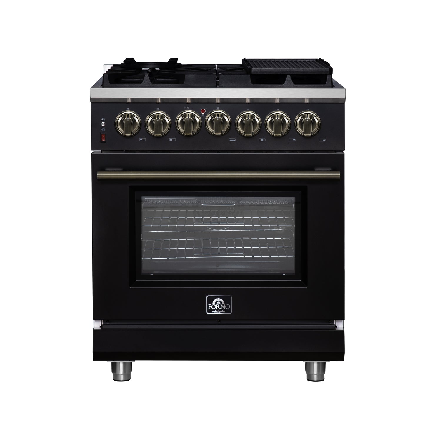 Forno Massimo 30-Inch Freestanding Dual Fuel Range in Black with Antique Brass Accessories, 4 Burners, 4.32 cu. ft. Convection Oven