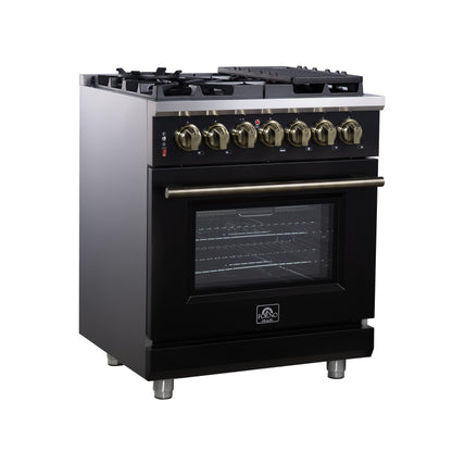 Forno Massimo 30-Inch Freestanding Dual Fuel Range in Black with Antique Brass Accessories, 4 Burners, 4.32 cu. ft. Convection Oven
