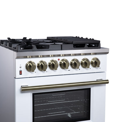 Forno Massimo 30-Inch Freestanding Dual Fuel Range in White with Antique Brass Accessories, 4 Burners, 4.32 cu. ft. Convection Oven