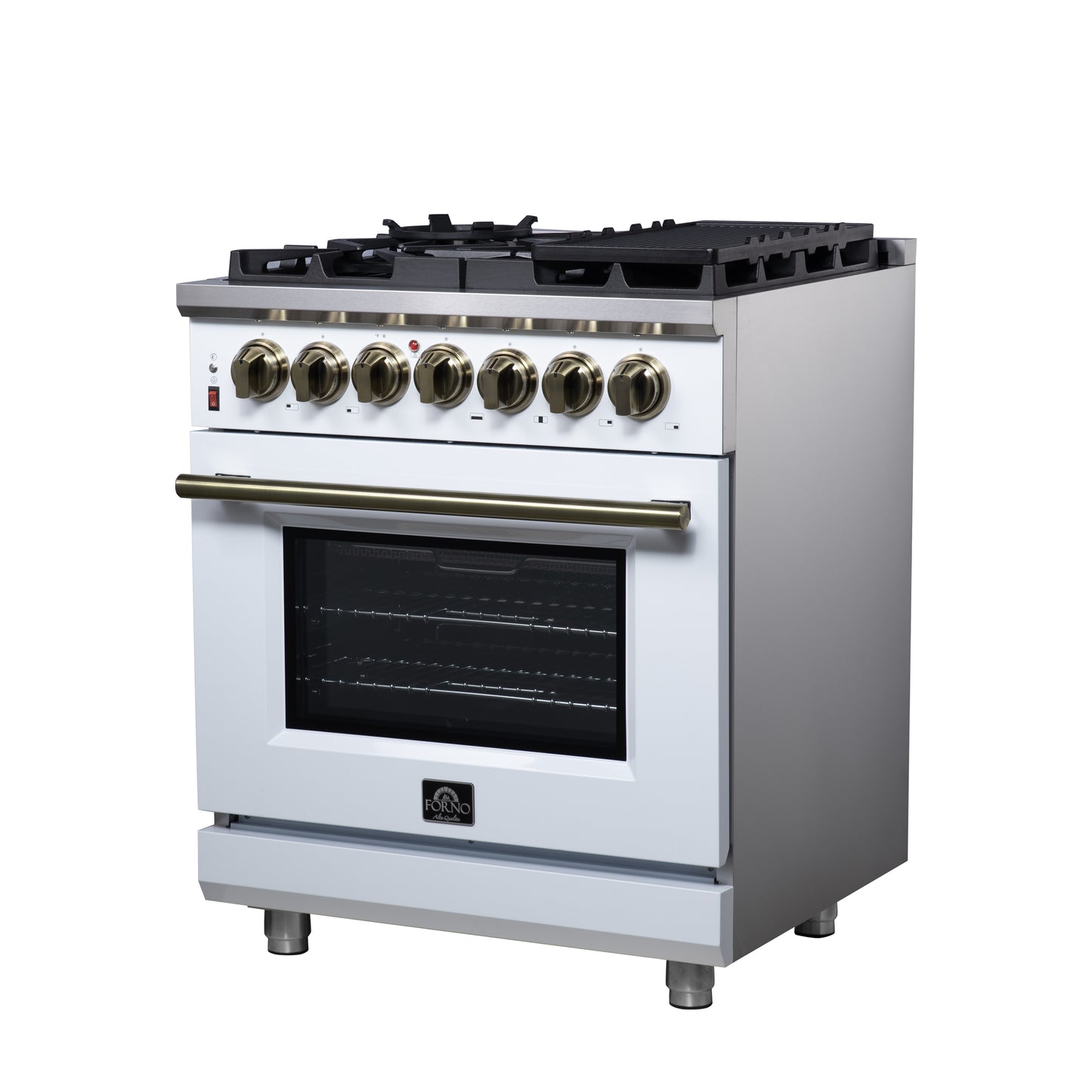 Forno Massimo 30-Inch Freestanding Dual Fuel Range in White with Antique Brass Accessories, 4 Burners, 4.32 cu. ft. Convection Oven