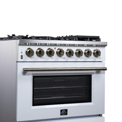 Forno Massimo 36 Inch Freestanding Dual Fuel Range in White with Antique Brass Accessories, 6 Burners, 5.36 cu. ft. Convection Oven