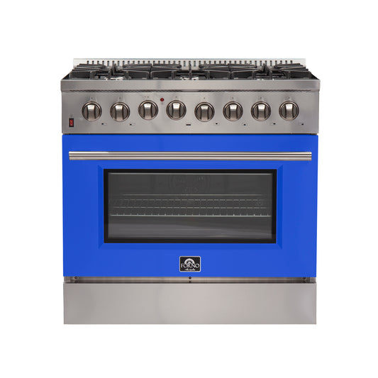 Forno Galiano 36-Inch Freestanding Dual Fuel Range, 6 Burners, Double Convection Ovens, Blue Door