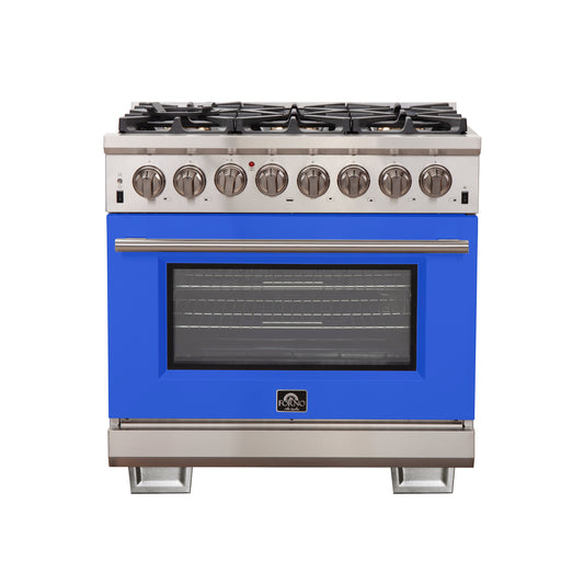 Forno Capriasca 36-Inch Freestanding Dual Fuel Range, 6 Burners, True Convection Oven, Blue Door