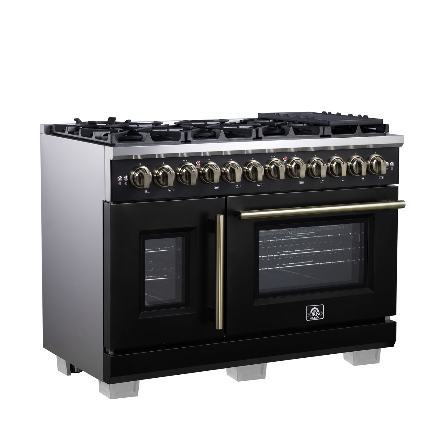 Forno Capriasca 48 Inch Freestanding French Door Dual Fuel Range in Black with Antique Brass Accessories, 8 Burners, True Convection Oven