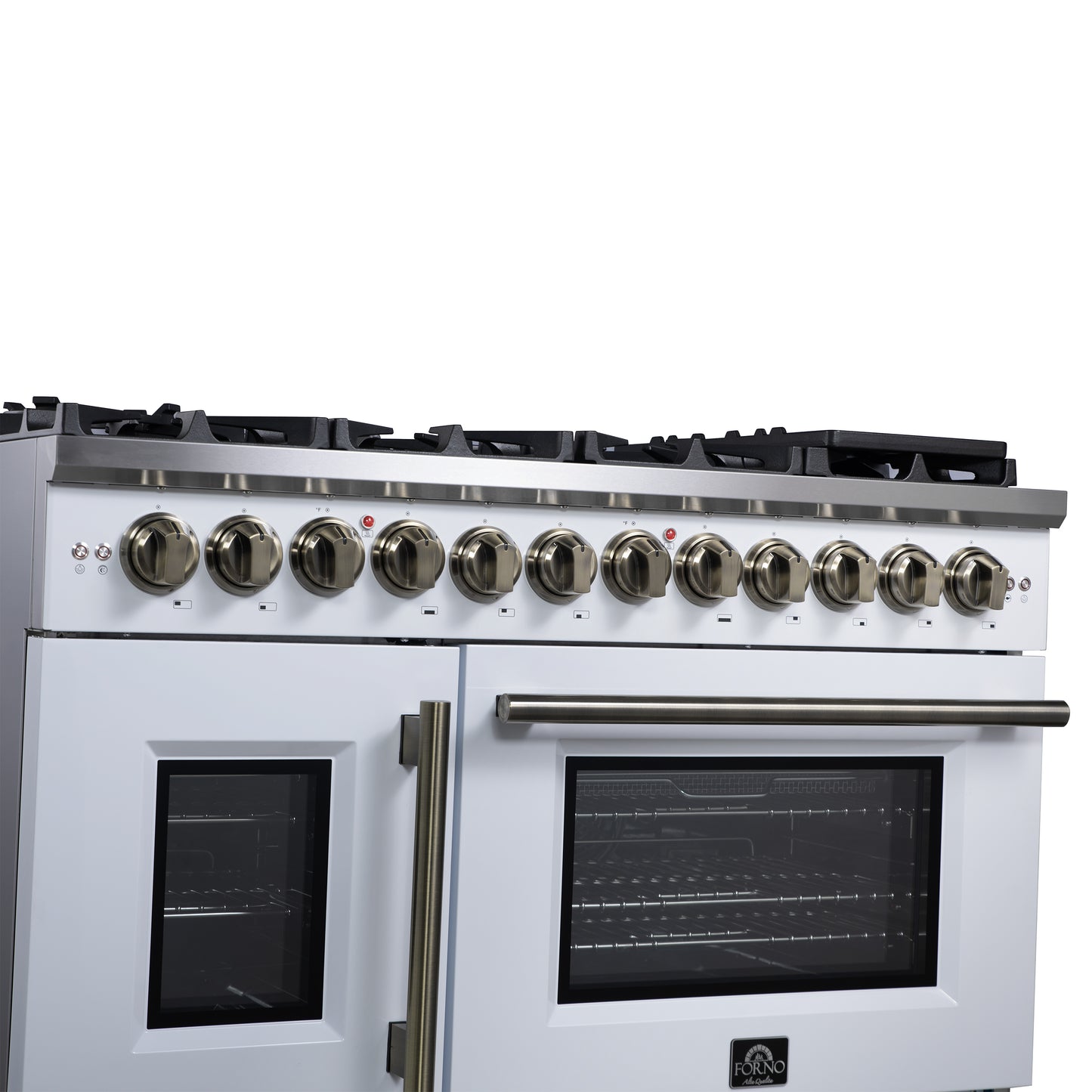 Forno Capriasca 48 Inch Freestanding French Door Dual Fuel Range in White with Antique Brass Accessories, 8 Burners, True Convection Oven