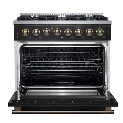 Forno Galiano 36-inch Dual Fuel Range in Black & Antique Brass Design, 6 Sealed Burners 83,000 BTU, 5.36 cu.ft. True Convection Oven