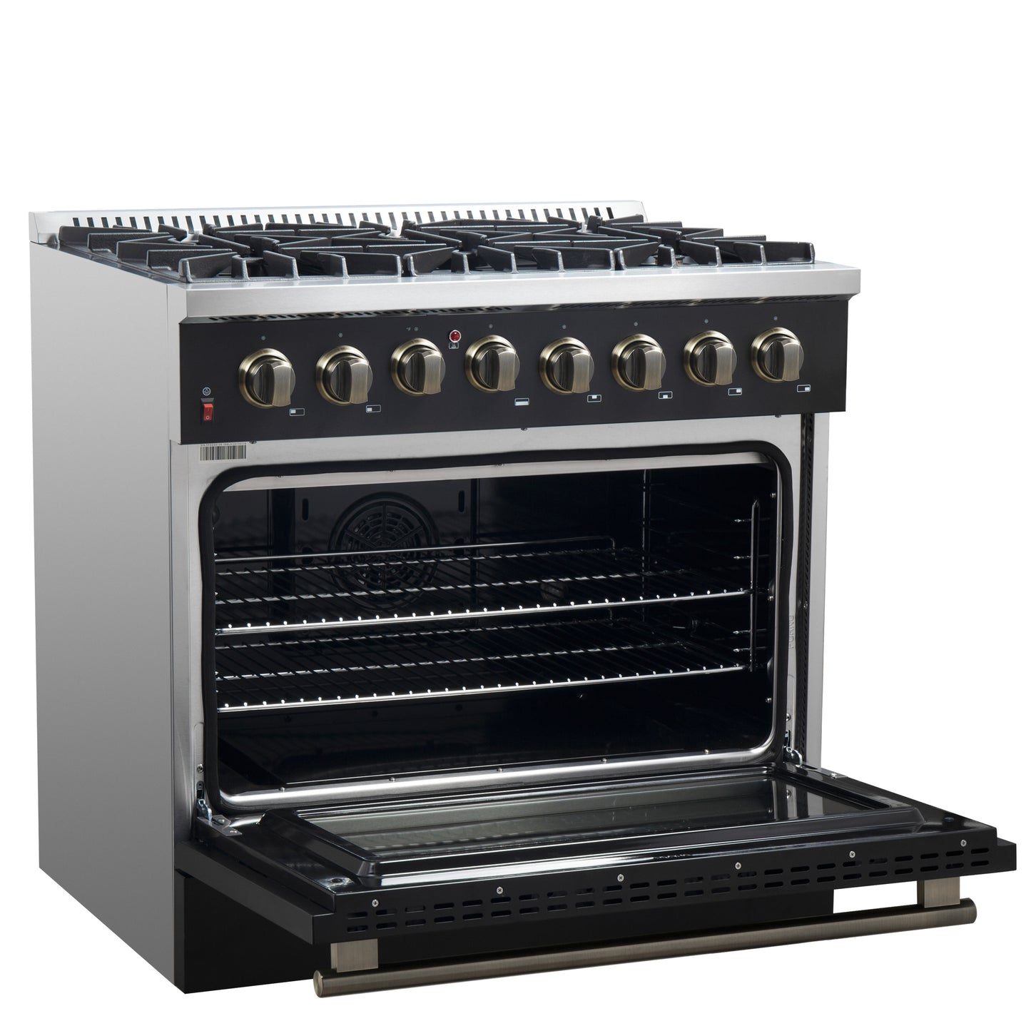 Forno Galiano 36-inch Dual Fuel Range in Black & Antique Brass Design, 6 Sealed Burners 83,000 BTU, 5.36 cu.ft. True Convection Oven