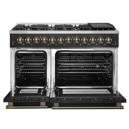 Galiano 48-inch Dual Fuel Range Black & Antique Brass Design with 8 Sealed Burners 107,000 BTU, 6.58 cu. ft. double ovens & Griddle
