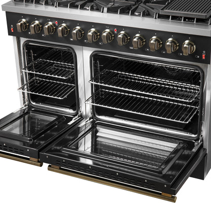Galiano 48-inch Dual Fuel Range Black & Antique Brass Design with 8 Sealed Burners 107,000 BTU, 6.58 cu. ft. double ovens & Griddle