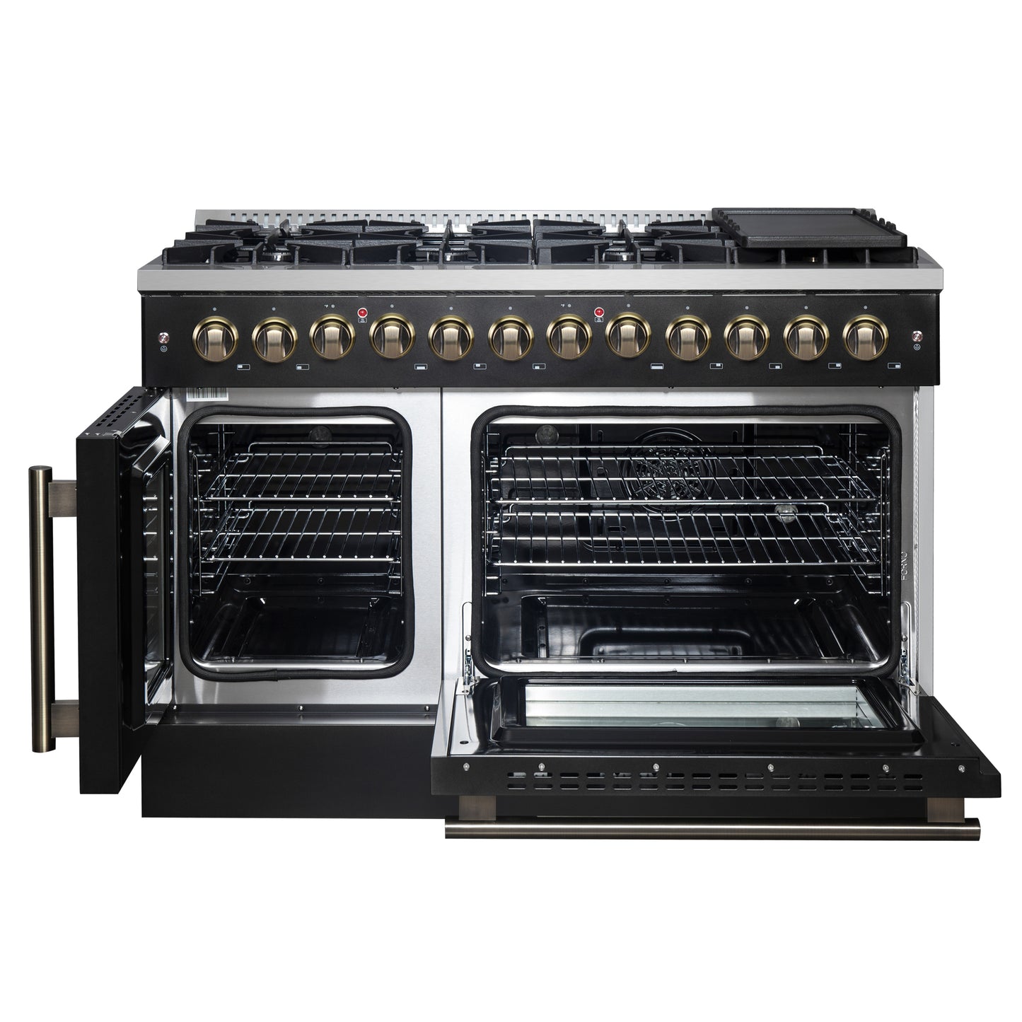 Forno Galiano 48-inch French Door Dual Fuel Range, Black & Antique Brass Design, 8 Sealed Burners - 107,000 BTU, Griddle, 6.58 cu.ft. Double Ovens