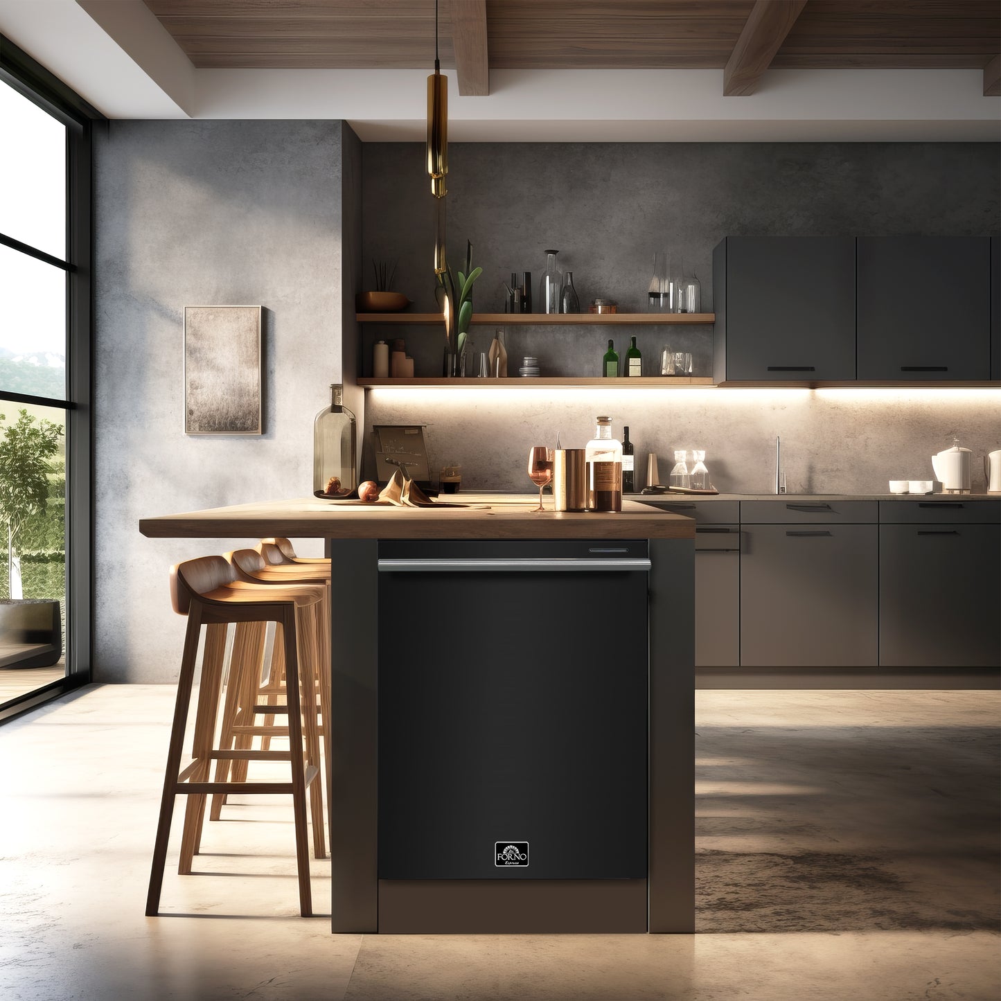 FORNO Premium 3-Piece Kitchen Bundle - Leonardo Espresso 30" Black Range, 31" Black Bottom Freezer Refrigerator, 24" Black Built-In Dishwasher - FBDL-007-02CA