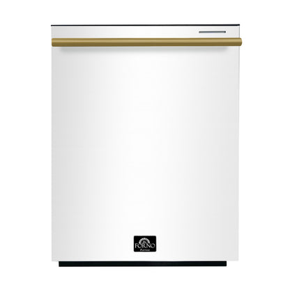 FORNO Premium 4-Piece Kitchen Bundle - Leonardo Espresso 30" White Range, 30" White Range Hood, 31" White Bottom Freezer Refrigerator, 24" White Built-In Dishwasher - FBDL-006-03CA