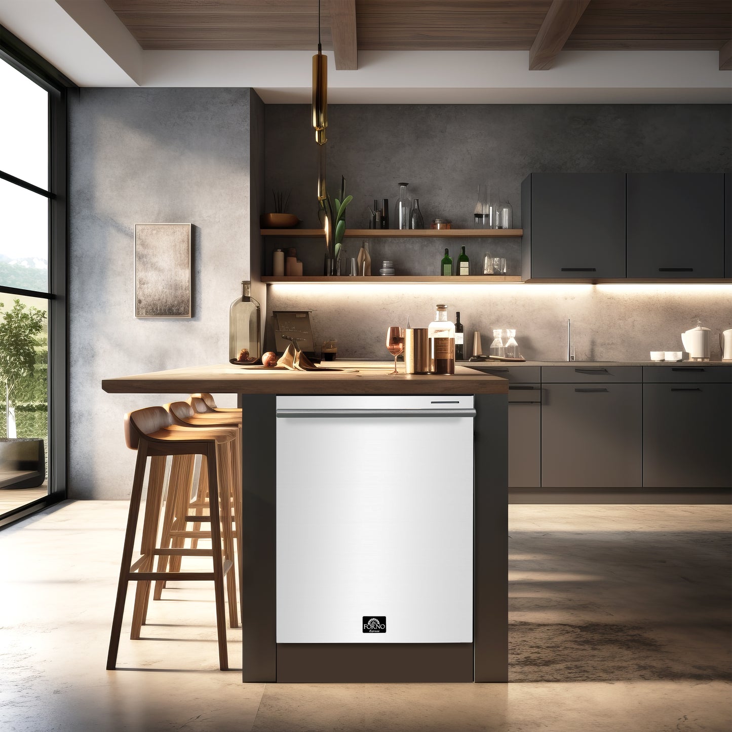 FORNO Premium 4-Piece Kitchen Bundle - Leonardo Espresso 30" White Range, 30" White Range Hood, 31" White Bottom Freezer Refrigerator, 24" White Built-In Dishwasher - FBDL-006-03CA