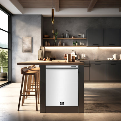 FORNO Premium 3-Piece Kitchen Bundle - Leonardo Espresso 30" White Range, 31" White Bottom Freezer Refrigerator, 24" White Built-In Dishwasher - FBDL-007-03CA
