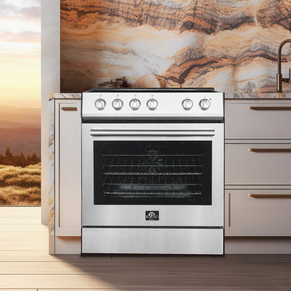 FORNO Premium 3-Piece Kitchen Bundle - Leonardo Espresso 30" Stainless Steel Range, 31" Stainless Steel Bottom Freezer Refrigerator, 24" Stainless Steel Dishwasher - FBDL-007-01US