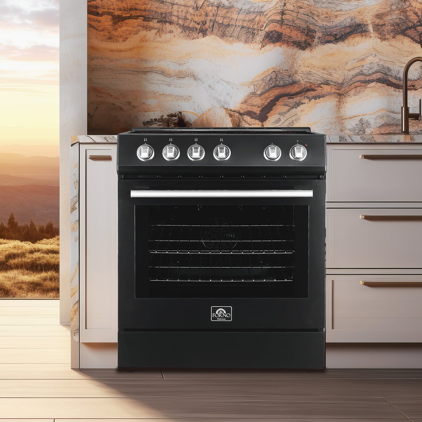 FORNO Premium 2-Piece Kitchen Bundle - Leonardo Espresso 30" Black Range, 31" Black Bottom Freezer Refrigerator - FBDL-003-02CA