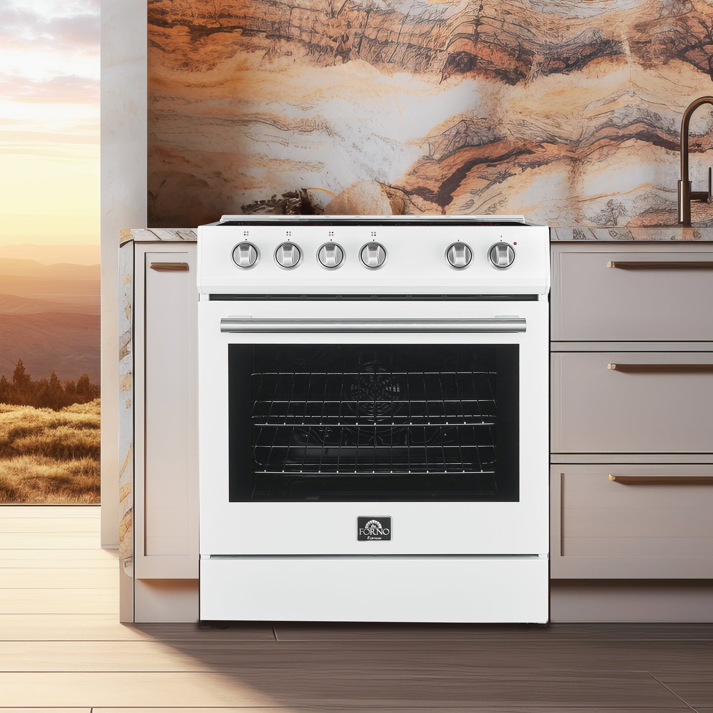 FORNO Premium 3-Piece Kitchen Bundle - Leonardo Espresso 30" White Range, 31" White Bottom Freezer Refrigerator, 24" White Built-In Dishwasher - FBDL-007-03CA