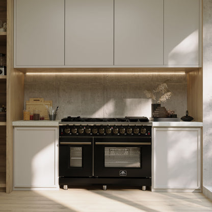 Forno Massimo 48 Inch Freestanding Dual Fuel Range in Black with Antique Brass Accessories, 8 Burners, 6.58 cu. ft. Convection Oven
