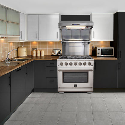 FORNO Premium 2-Piece Kitchen Bundle - Galiano 36" Stainless Steel Range, Forno Moena 36" French Door 19.2 cu. ft Stainless Steel Refrigerator, with Decorative Grill - 40" Wide - FBDL-019-03CAUS