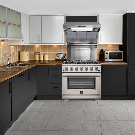 FORNO Premium 2-Piece Kitchen Bundle - Galiano 36" Stainless Steel Range, Forno Moena 36" French Door 19.2 cu. ft Stainless Steel Refrigerator, with Decorative Grill - 40" Wide - FBDL-019-03CAUS