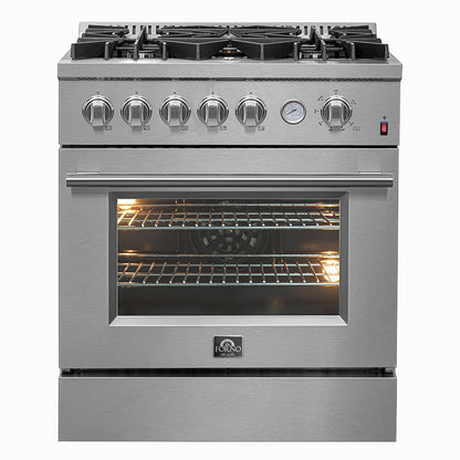 FORNO Premium 2-Piece Kitchen Bundle -Giovanni 30-inch Gas Range Stainless Steel, Forno Gallipoli 30" French Door Refrigerator with Bottom Freezer 17.5 cu. ft Capacity - FBDL-020-01CAUS