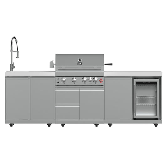 FORNO Bulnes 30-Inch BBQ, 60,000 BTU, 3 Burners with Sear & Rotisserie Infrared Burners, Stainless Steel Outdoor Kitchen with 1.8 cu.ft. Beverage Center & White Sintered Stone Countertops