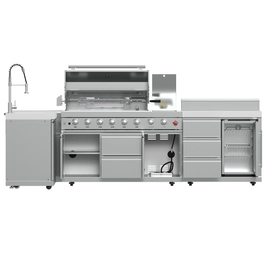 FORNO Bulnes 40-Inch BBQ, 95,000 BTU, 5 Burners, Sear & Rotisserie Infrared with Side Burner, Stainless Steel Outdoor Kitchen with 1.8 cu.ft. Beverage Center & White Sintered Stone Countertops