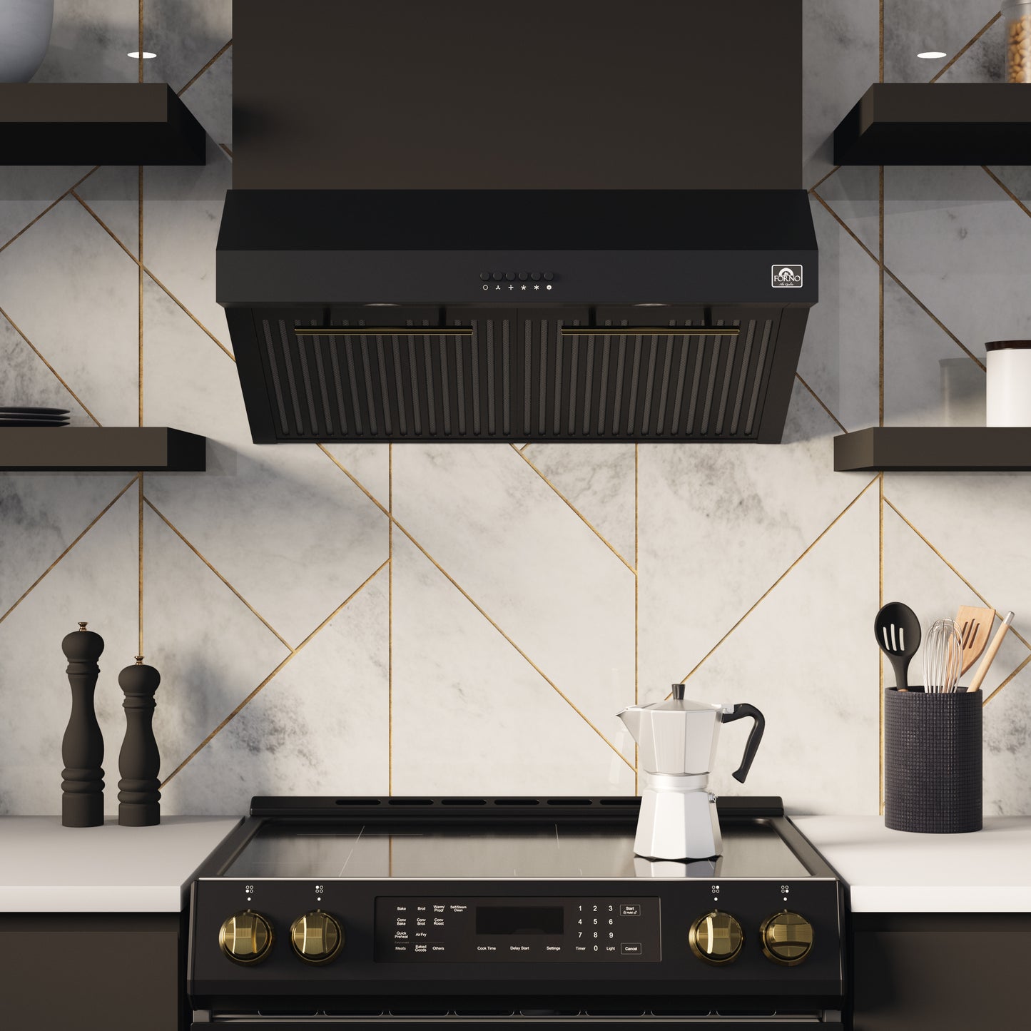 FORNO Premium 4-Piece Kitchen Bundle - Leonardo Espresso 30" Black Range, 30" Black Range Hood, 31" Black Bottom Freezer Refrigerator, 24" Black Built-In Dishwasher - FBDL-006-02CA