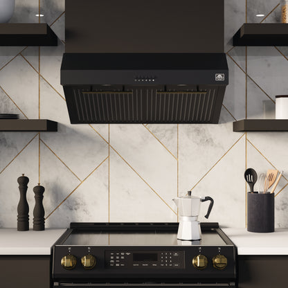 FORNO Premium 4-Piece Kitchen Bundle - Leonardo Espresso 30" Black Range, 30" Black Range Hood, 31" Black Bottom Freezer Refrigerator, 24" Black Built-In Dishwasher - FBDL-006-02CA