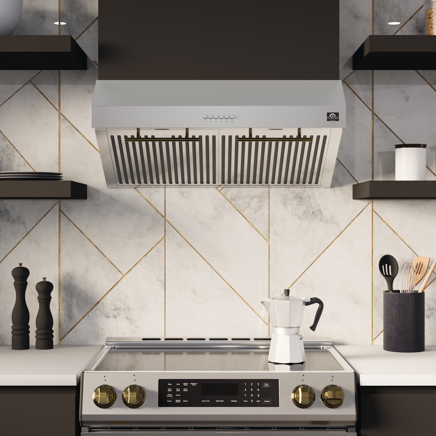 FORNO Premium 2-Piece Kitchen Bundle - Leonardo Espresso 30" Stainless Steel Range, 30" Stainless Steel Range Hood - FBDL-002-01CA
