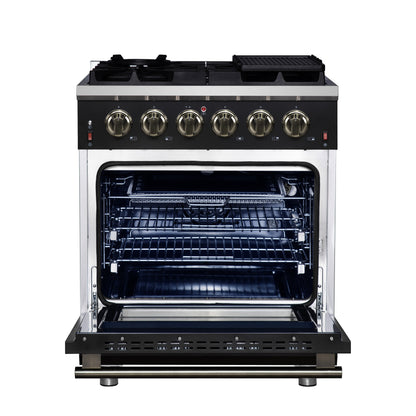 Forno Massimo 30-Inch Black Freestanding Gas Range, 5 Burners, True Convection Oven