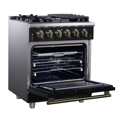 Forno Massimo 30-Inch Black Freestanding Gas Range, 5 Burners, True Convection Oven