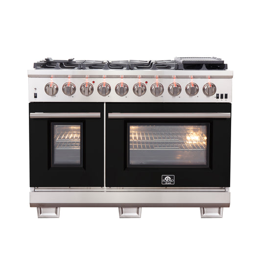 FORNO Capriasca 48-inch Gas Range Stainless Steel, 8 Brass Burners 160,000 BTU, 6.58 cu.ft. Double Oven, Black Doors
