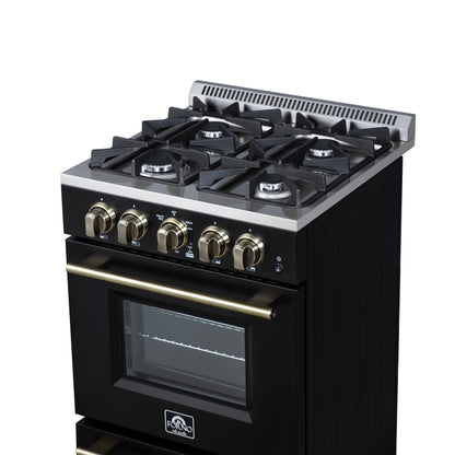 Forno Breno 24 Inch Freestanding Gas Range in Black with Antique Brass, Plug Included, Energy Efficient