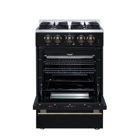 Forno Breno 24 Inch Freestanding Gas Range in Black with Antique Brass, Plug Included, Energy Efficient