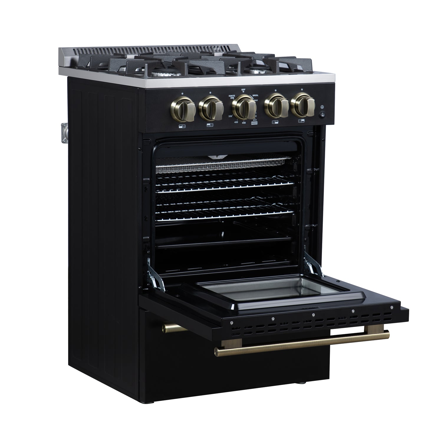 Forno Breno 24 Inch Freestanding Gas Range in Black with Antique Brass, Plug Included, Energy Efficient