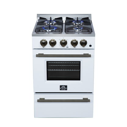 Forno Breno 24 Inch Freestanding Gas Range in White with Antique Brass, Plug Included, Energy Efficient