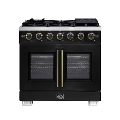 Forno Capriasca 36-Inch Black Freestanding French Door Gas Range, 6 Burners, Convection Oven, Energy Efficient