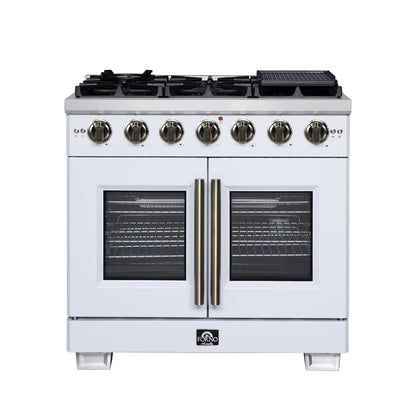 Forno Capriasca 36-Inch White Freestanding French Door Gas Range, 6 Burners, Convection Oven, Energy Efficient