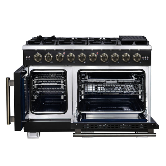 Forno Capriasca 48-Inch Black Freestanding French Door Gas Range, 8 Burners, Convection Oven, Energy Efficient
