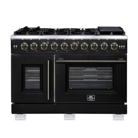 Forno Capriasca 48-Inch Black Freestanding French Door Gas Range, 8 Burners, Convection Oven, Energy Efficient