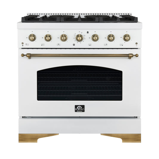Forno Antico 36-Inch Freestanding Gas Range, White, Antique Brass Design, 6 Burners, Convection Oven, Energy Efficient