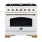 Forno Antico 36-Inch Freestanding Gas Range, White, Antique Brass Design, 6 Burners, Convection Oven, Energy Efficient