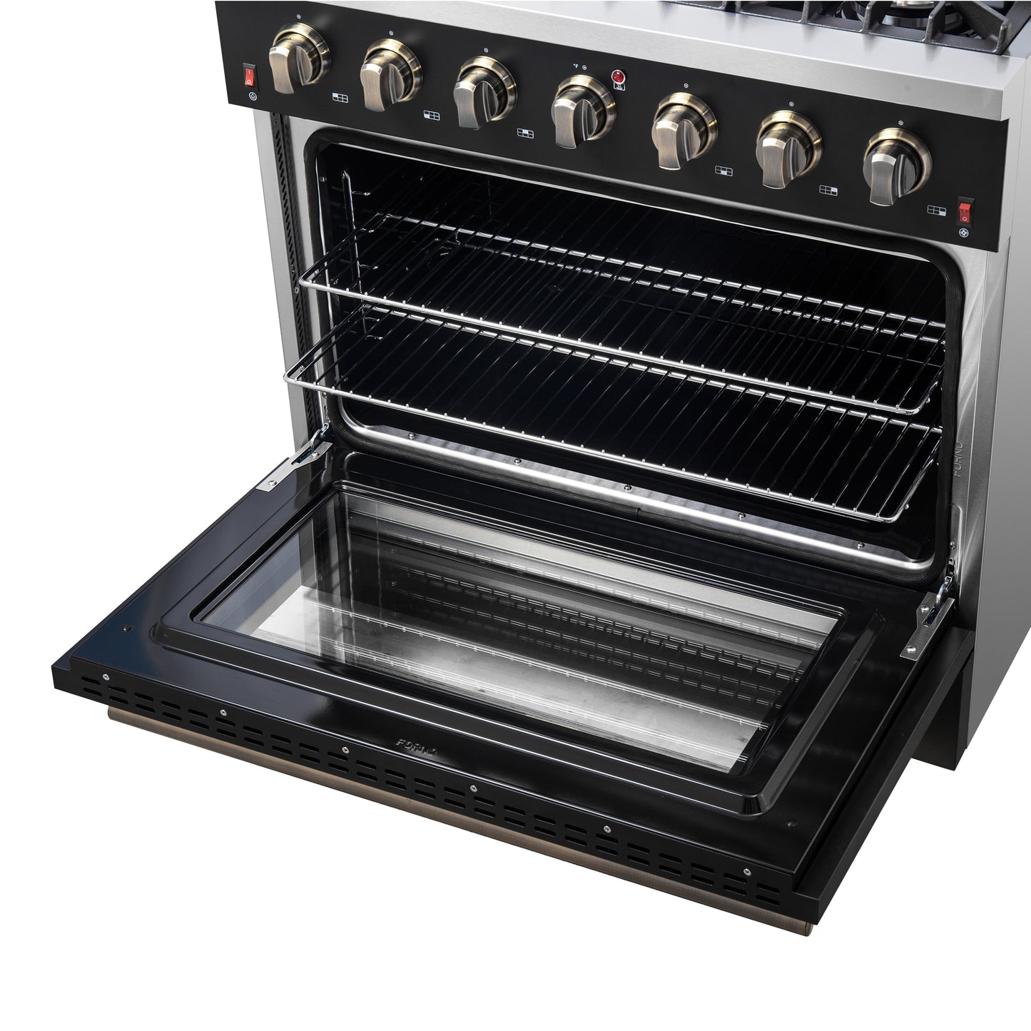 Forno Galiano 36-inch Freestanding Gas Range in Black with Antique Brass Design, 6 Burners, 83,000 BTU, 5.36 cu.ft. Convection Oven