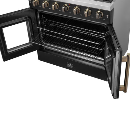 Forno Galiano 36-inch French Door Gas Range Black and Antique Brass Design, 6 Sealed Burners 83,000 BTU, 5.36 cu.ft. Convection Oven