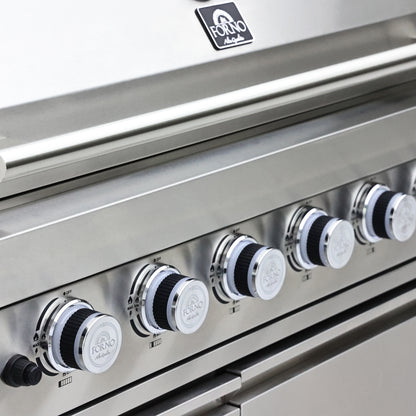 FORNO Bulnes 40-Inch BBQ, 95,000 BTU, 5 Burners, Sear & Rotisserie Infrared with Side Burner, Stainless Steel Outdoor Kitchen with 1.8 cu.ft. Beverage Center & White Sintered Stone Countertops