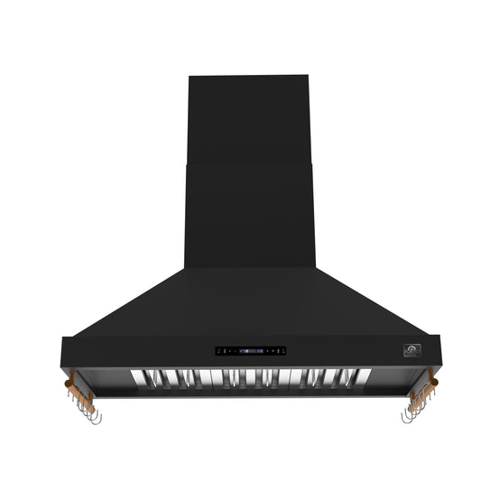 Forno Venezia 48 Inch Wall-Mounted Range Hood in Black with Antique Brass Accessories, Touch Controls and Baffle Filters